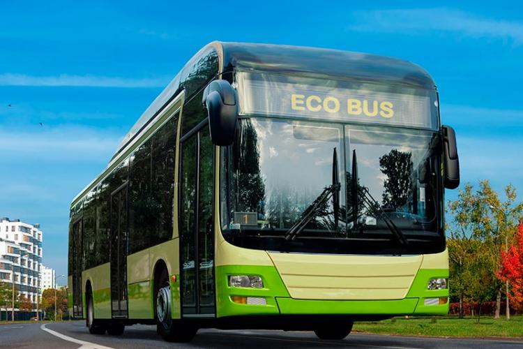  Green urban ecology concept of e-bus. Zero emission transport in city