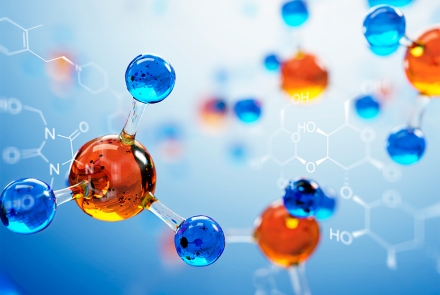 3D molecular structure with orange and blue atoms representing chemical bonds